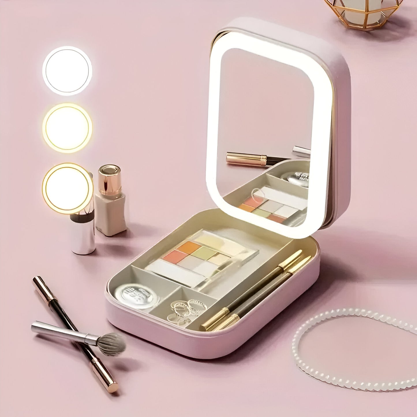 Small Travel LED Makeup Mirror Case with Adjustable Brightness